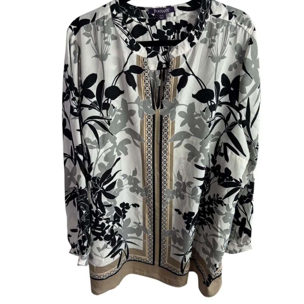 Roaman's Women's Tunic Top Blouse Size 26W 3X White Black Gray Floral Print